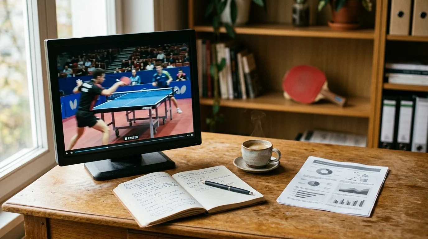 Entrenador revisando notas manuscritas junto a una pantalla con vídeo de un partido de tenis de mesa