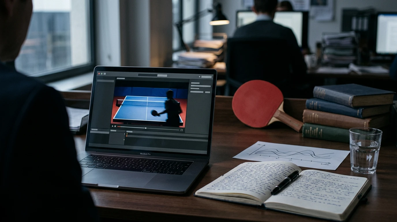 Periodista tomando notas frente a un monitor con un partido profesional de tenis de mesa en curso