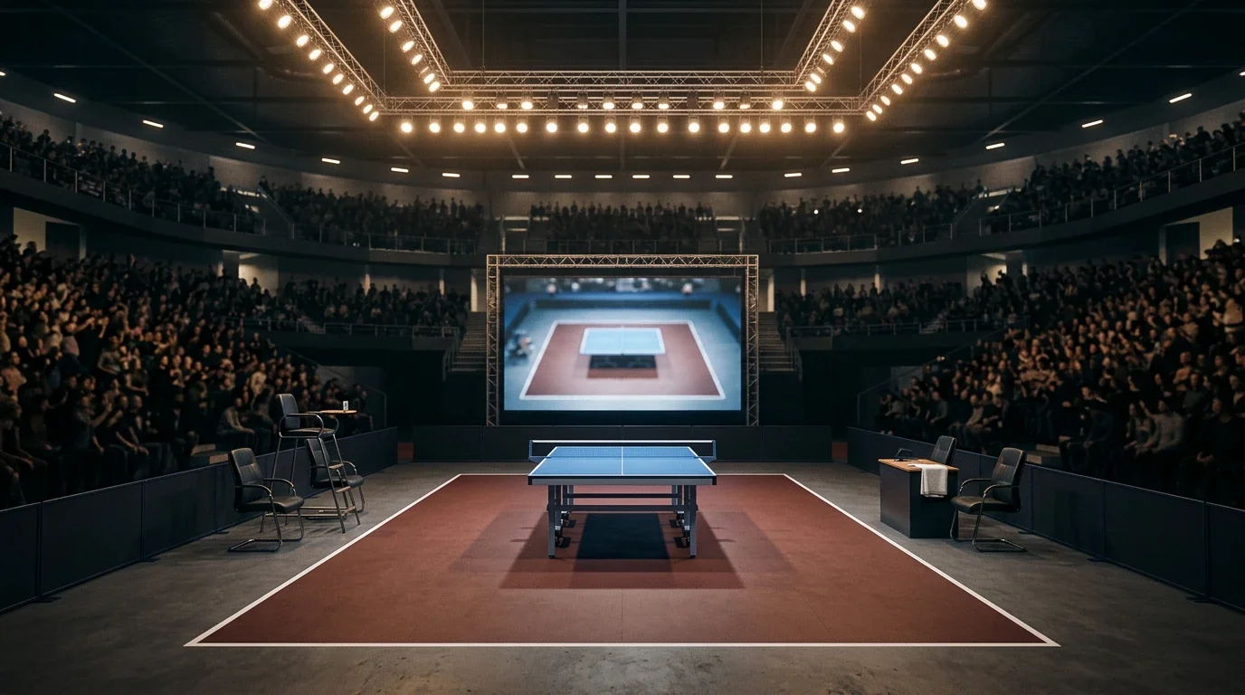 Pabellón de torneo oficial WTT de tenis de mesa con mesa central iluminada y gradas llenas